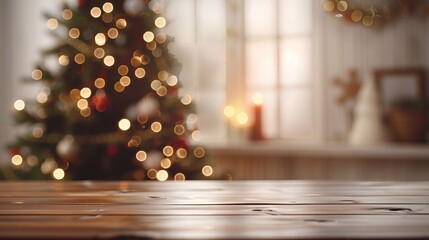 Decorated Christmas room with beautiful fir tree near the window. Utensil, Flatware for Tea, Decorations, Cookies and Bread on Wooden Table. Zero waste christmas concept. Christmas holiday background