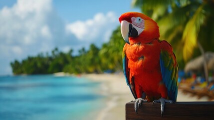 A vibrant parrot perched near a tropical beach, showcasing nature's beauty and wildlife.