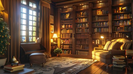 A cozy library with a large bookshelf full of books, a comfortable armchair, and a warm glow of light.