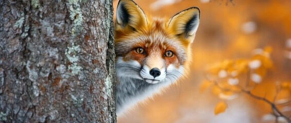 Fototapeta premium A fox peeks from behind a tree in a serene forest setting with autumn colors.
