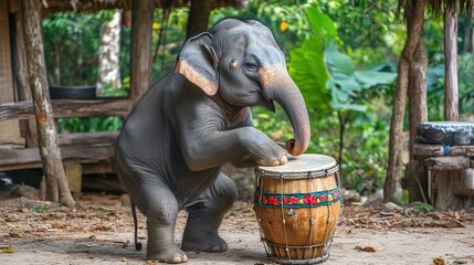 Joyful Thai Elephant Playfully Drumming with Colorful Rhythm, Capturing the Spirit of Thai Culture and Celebration. A Charming Scene Highlighting the Connection Between Animals and Traditional Music