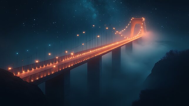 A suspension bridge illuminated at night with fog rolling in and a starry sky above.