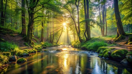 Obraz premium Idyllic forest stream illuminated by morning sunlight, showcasing calm river flow and diverse tree landscape