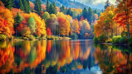 Fototapeta premium Idyllic fall painting of serene forest with autumn foliage and calm lake in watercolor style