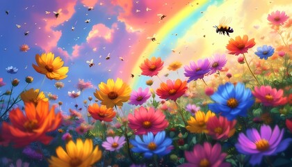 Fototapeta premium A vibrant celebration of nature's beauty exploring the colorful dance of flowers and bees under a stunning rainbow sky