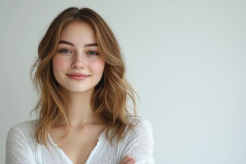 Obraz premium Portrait of a young woman with long, wavy, brown hair smiling at the camera.