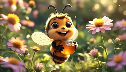 Delightful animated bee holding a jar of honey in a vibrant flower field showcasing nature's beauty and the joy of pollination