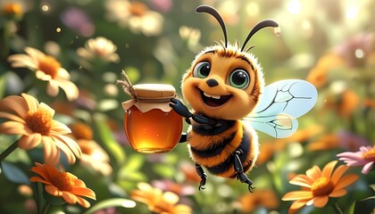 A cheerful bee enthusiastically holding a jar of honey surrounded by vibrant flowers in a lush garden setting showcasing the beauty of nature and the joy of pollinators in their natural habitat