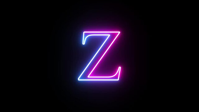 Glowing neon capital letter alphabet Z animation. Purple and blue neon font letter "Z" on black background. Educational concept