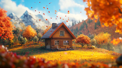Obraz premium A charming wooden cottage nestled in a colorful autumn landscape for Thanksgiving celebrations.