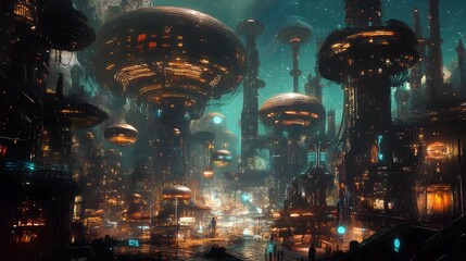 Obraz premium Futuristic City with Glowing Organic Machinery and Intricate Interconnected Infrastructure