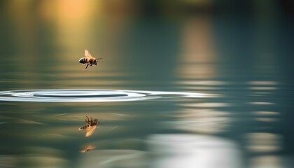 A serene moment a bee hovers over a tranquil water surface capturing the essence of nature's harmony and beauty in reflection