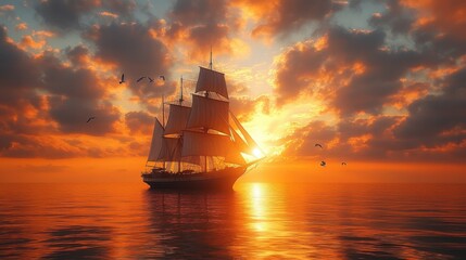 Obraz premium A majestic ship sailing at sunset over calm waters.