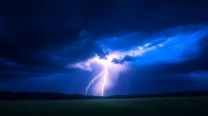 Obraz premium Dramatic Storm with Powerful Lightning Bolt Streaking Across Moody Cloudy Sky Over Isolated Countryside Landscape