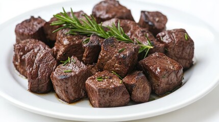 A plate of cooked beef cubes garnished with rosemary, showcasing a savory dish.
