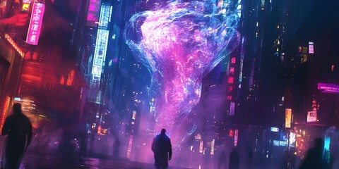 Fototapeta premium Shapeshifting Energy Beings in Futuristic Digital Cityscape with Intricate Light Patterns