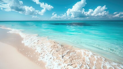 A stunning view of a pristine white sandy beach meeting clear turquoise ocean water. The vibrant blue sky with fluffy white clouds creates a breathtaking backdrop.