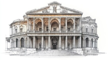 Fototapeta premium Architectural illustration of a grand classical building facade.