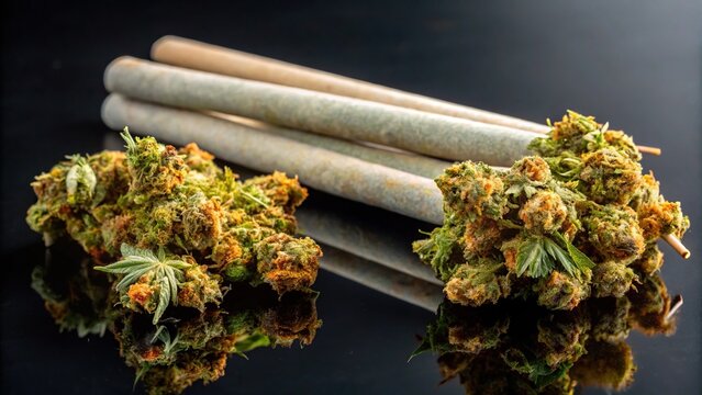 Dried flower marijuana and pre rolls cannabis joints on black background macro
