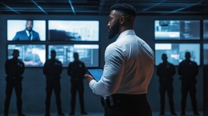 Security analyst using tablet in control room meeting