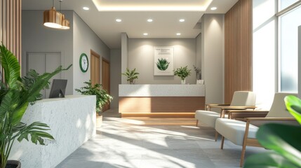 Fototapeta premium Modern reception area with natural light and greenery for a welcoming atmosphere.