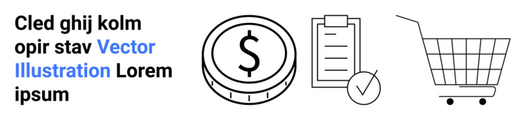 Contains a dollar coin, clipboard with a checklist, and shopping cart. Ideal for finance, e-commerce, budgeting, online shopping, and business planning. Banner for landing page