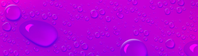 Bright horizontal banner with clear water droplets and puddles pattern on violet background. Realistic 3d vector illustration of smooth glass or window surface with wet weather fresh raindrops.