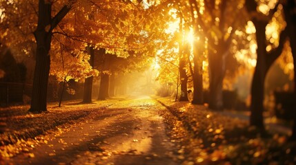 A golden pathway through an autumnal forest, bathed in the warm glow of the setting sun.