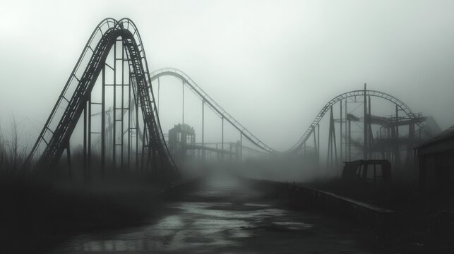 An Abandoned Roller Coaster in a Foggy Atmosphere