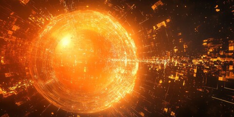 Vibrant Orange Cyber Sphere with Dynamic Background