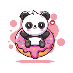 Cute panda sitting on a donut. Vector illustration.