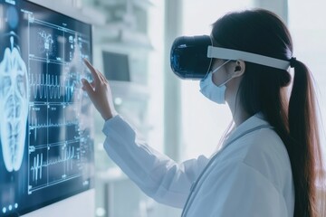 Doctor using VR for medical data review in hospital.
