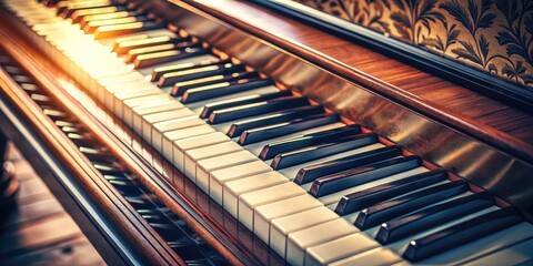 Vintage Piano Keys Close-Up - Classic Music Aesthetic, Retro Photography of a Grand Piano, Elegant Black and White Contrast, Nostalgic Music Vibes, Timeless Artistry in Music, Piano Details