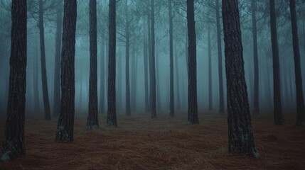 Obraz premium Enigmatic Foggy Forest: A Misty Pine Grove