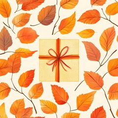 Elegant Autumn Gift Wrap Pattern with Vibrant Seasonal Leaves on Plain Background