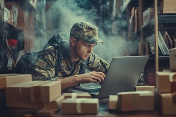 Obraz premium Camouflage-clad man working intently on laptop