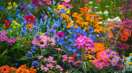 Obraz premium Beside a bed of vivid the herb flowers their colorful petals stretches higher