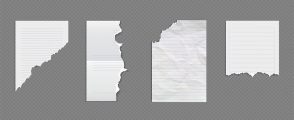 Crumpled torn white school lined notebook paper with rough cut off edges for scrapbook or writing message. Realistic 3d vector set of blank wrinkled ripped notepaper page mockup with rule lines.
