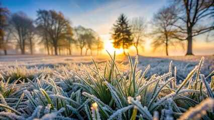 Early morning frost on grass and trees with fog over field in German countryside Extreme Close-Up