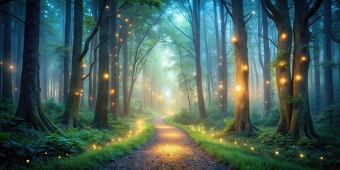 Fototapeta premium Illustration of a mystical forest path illuminated by soft lights from a low angle view