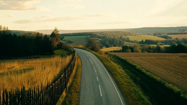 Camera flying around a country road with side lighting, showcasing trees, fields, and a rural scenery in a 360-degree video