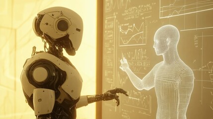 Robot interfaces with virtual human on data screen