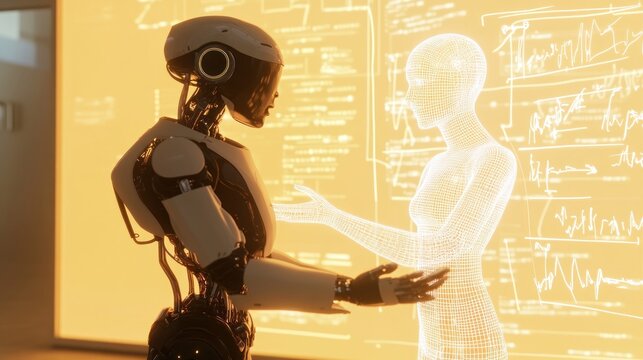 Robot and hologram engage in high-tech discussion
