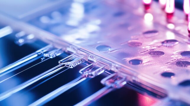 An extreme close-up of a microfluidic organ-on-a-chip device, replicating human organ functions for drug testing, Biomedical technology style