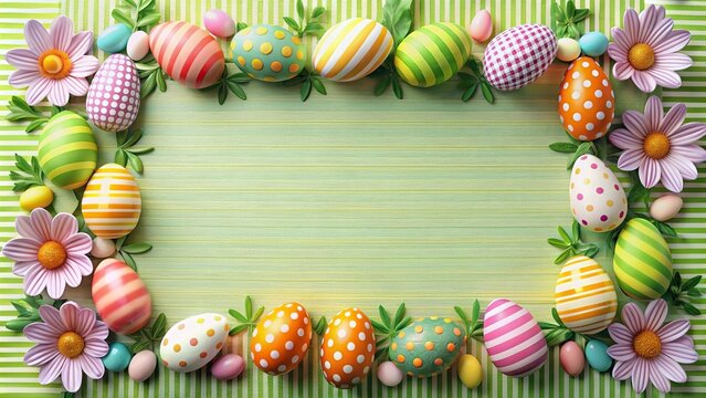 Easter frame with a striped border and floral egg accents
