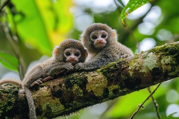 Obraz premium Two adorable monkeys resting on a tree branch in a lush, green environment.