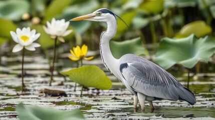 Obraz premium A heron standing among water lilies in a serene pond.