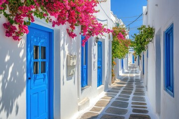 A picturesque alley with white buildings and vibrant flowers in a sunny Mediterranean setting.