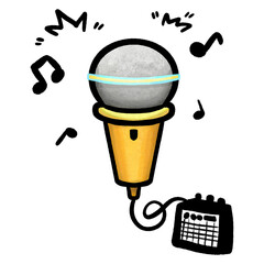 Cartoon microphone with music notes doodle illustration, black outline