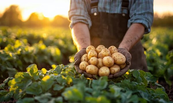 A farmer holds freshly harvested potatoes in a sunlit field.